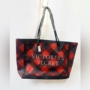 Victoria’s Secret Carry All Tote Travel Bag Red and Black Plaid w/ Silver Logo